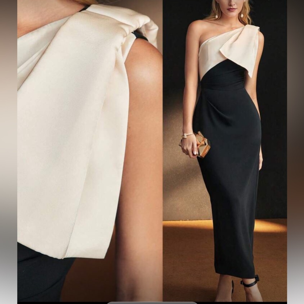 LLuxe black contrast cream bow party formal  gown dress